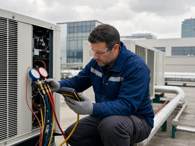 Diagnóstico técnico durante el mantenimiento de aire acondicionado comercial