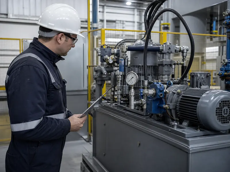 Inspección industrial durante el mantenimiento de sistemas hidráulicos