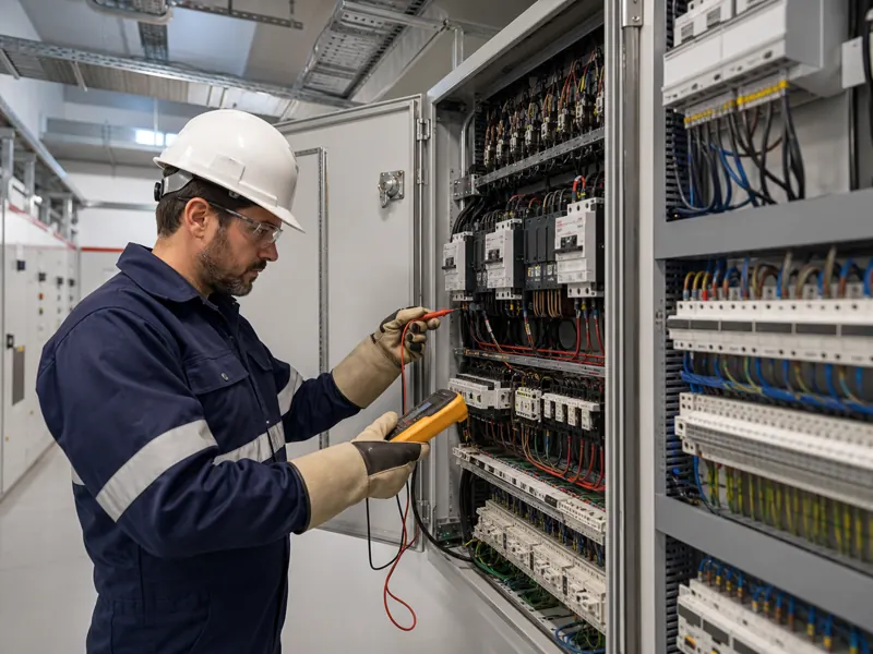 Técnico realizando mantenimiento eléctrico en un tablero industrial