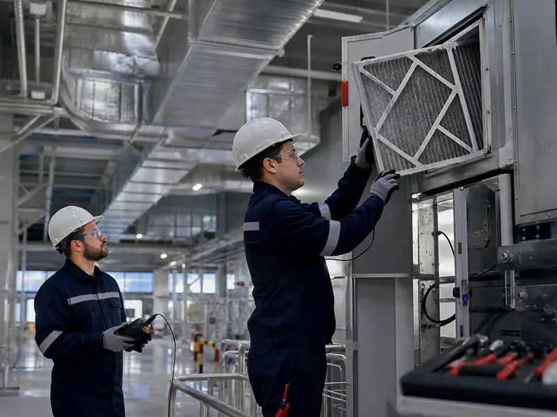 Técnicos inspeccionan climatización industrial en una planta
