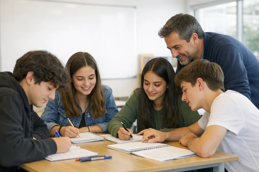 Grupo pequeño de estudiantes trabajando con apoyo docente para el programa Prime