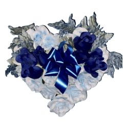 Silk flower arrangement shaped like a heart made with blue and white flowers