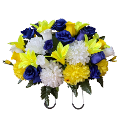 Silk flower saddle arrangement made with blue, white and yellow flowers
