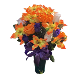 Silk flower arrangement in a cemetery vase with orange, purple and yellow flowers designed for memorials and gravesites