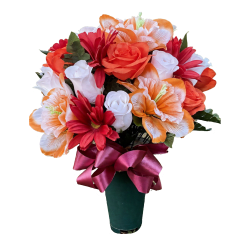 Silk flower arrangement in a cemetery vase with orange, red and white flowers designed for memorials and gravesites