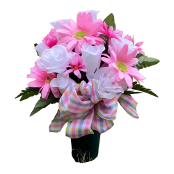 Silk flower arrangement in a cemetery vase with pink and white flowers designed for memorials and gravesites