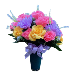Silk flower arrangement in a cemetery vase with pink, purple and yellow flowers designed for memorials and gravesites