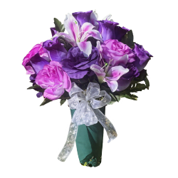 Silk flower arrangement in a cemetery vase with purple flowers designed for memorials and gravesites