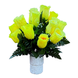 Silk flower arrangement in a cemetery vase with yellow flowers designed for memorials and gravesites
