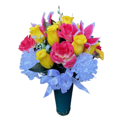 Silk flower arrangement in a cemetery vase with pink, white and yellow flowers designed for memorials and gravesites