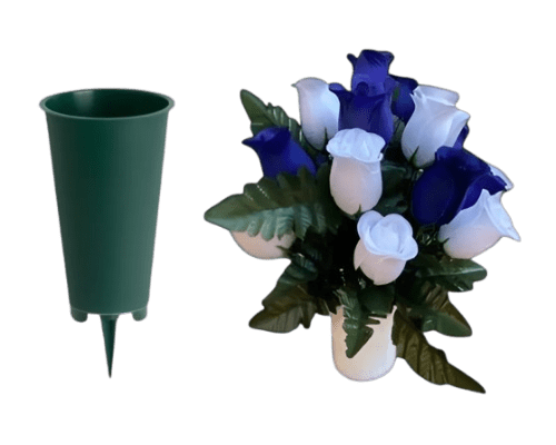 Vase and Blue Silk Flower Bouquet