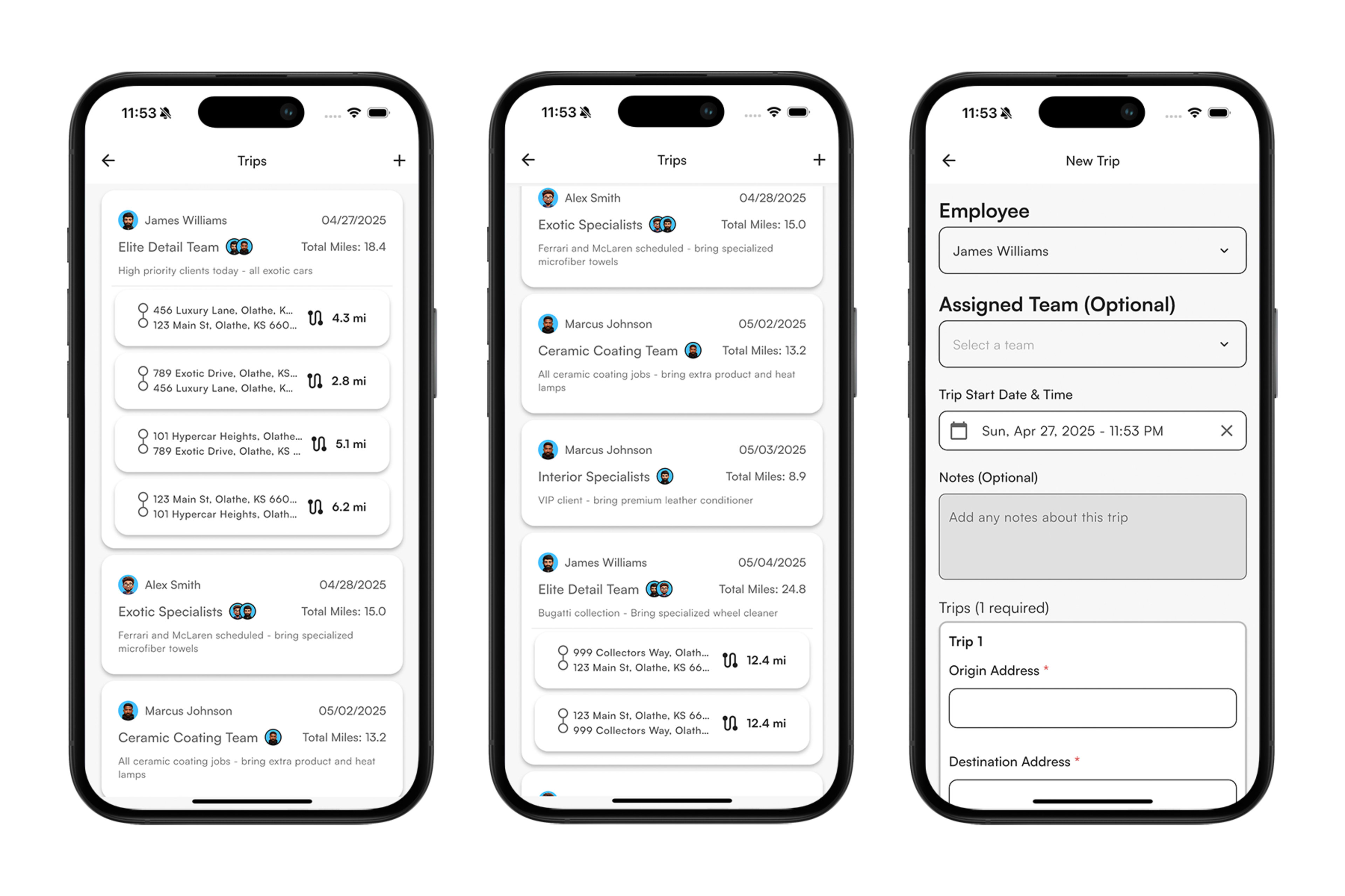 Screenshots of the trips page and new trip page