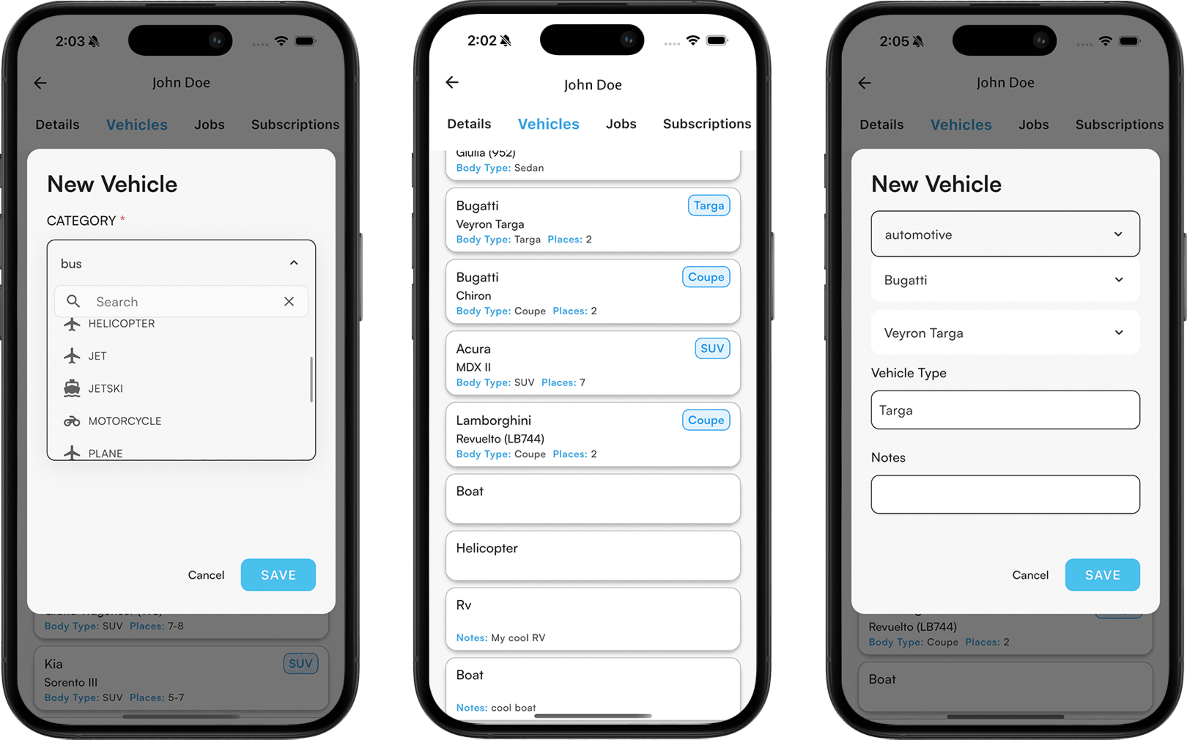 Various vehicle types, new vehicle form, and client vehicle list