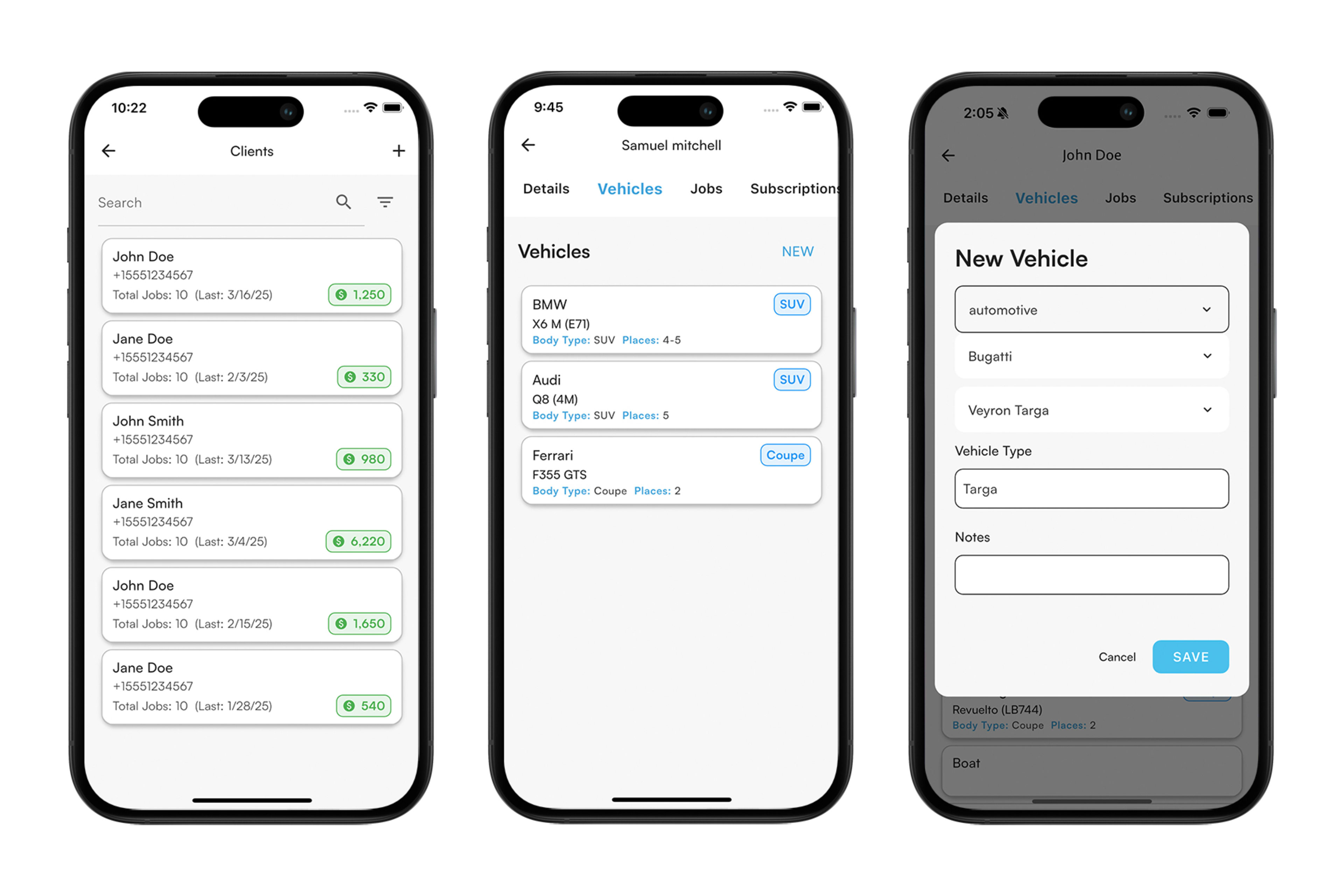 Clients list view, client vehicles list profile view, new vehicle form