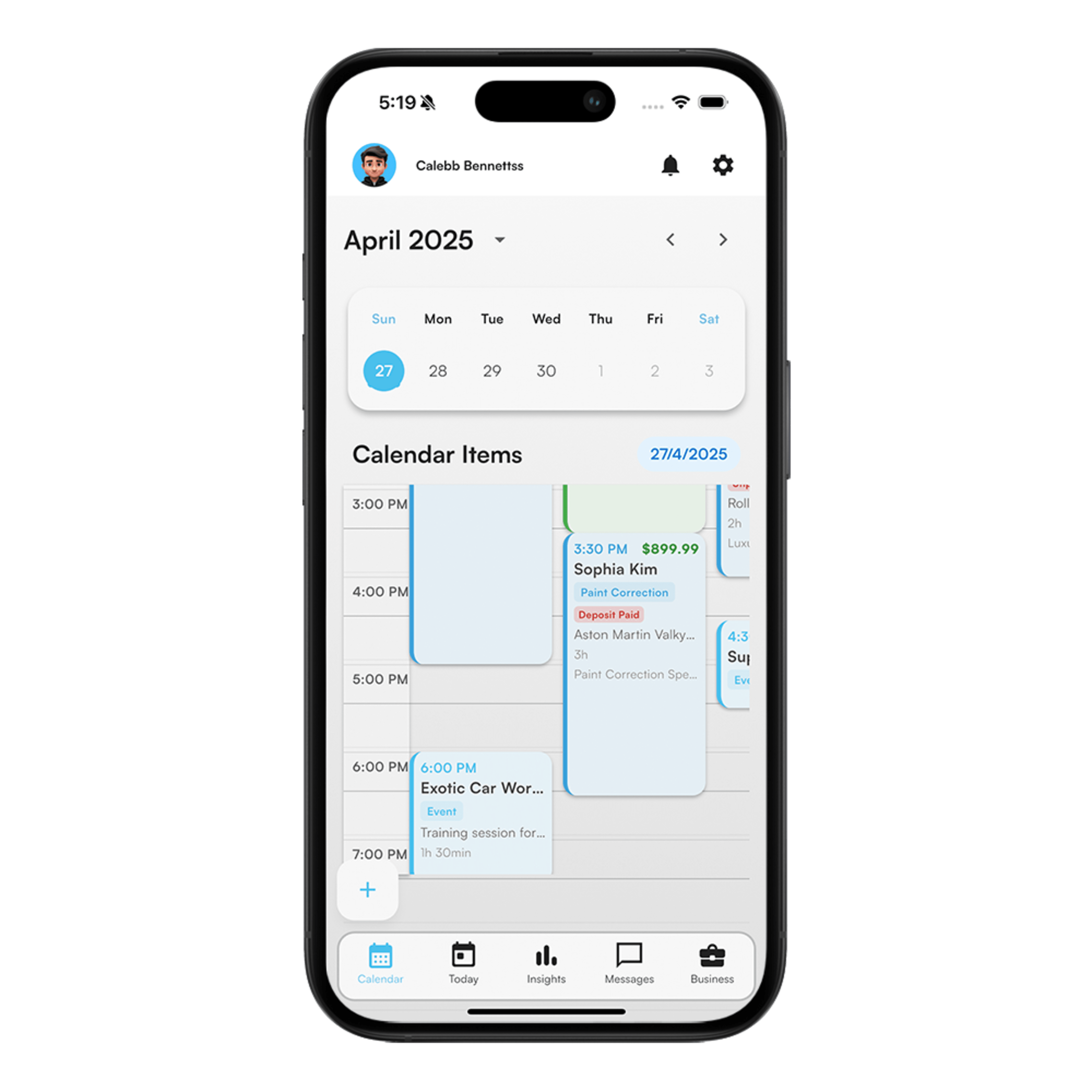 Calendar view showing scheduled appointments