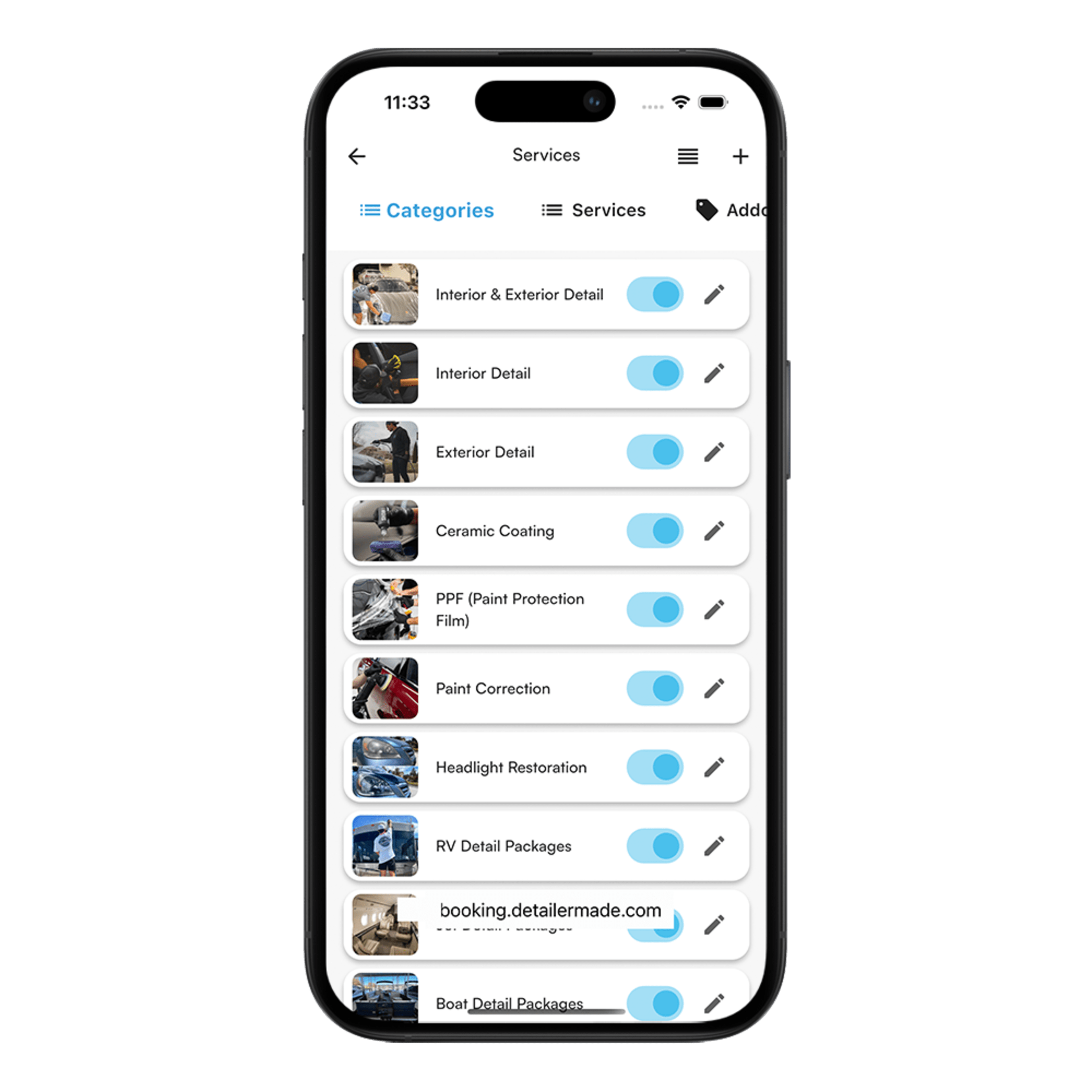 Categories view showing different service categories
