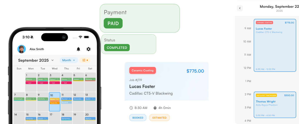 Calendar view showing a week of scheduled detailing appointments
