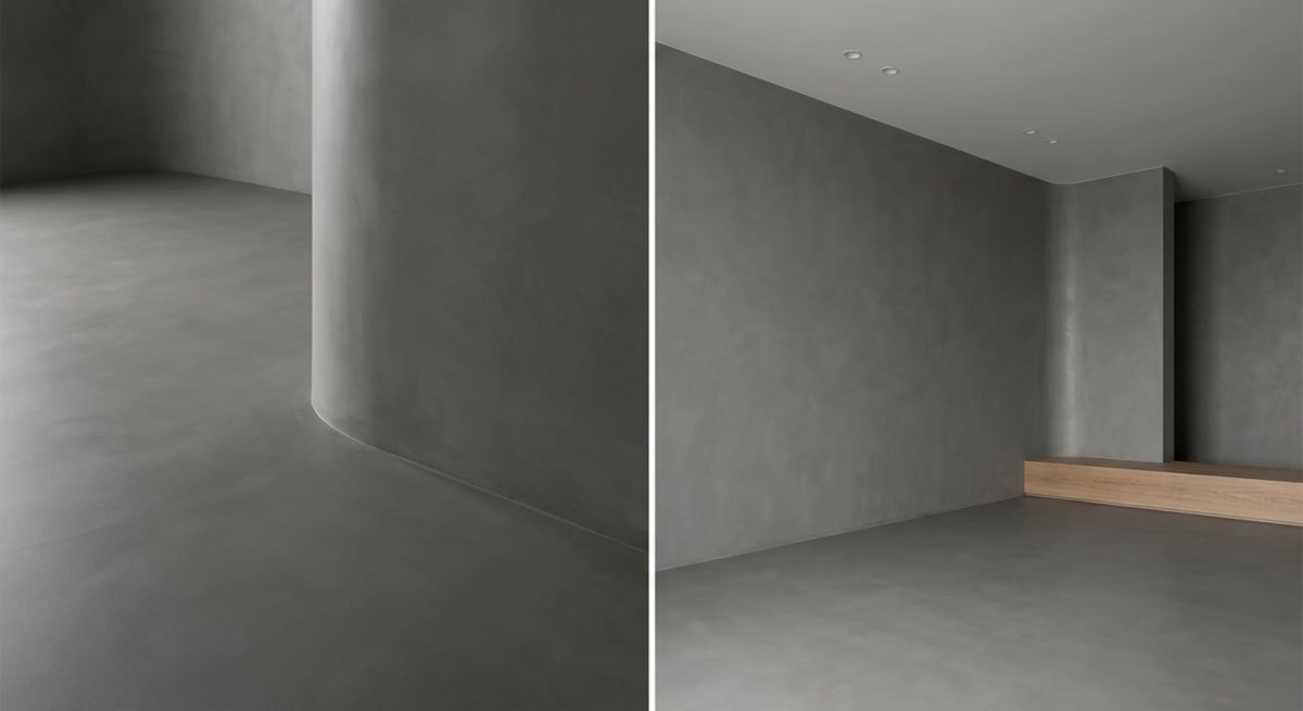 Mikrozement fugenloser Übergang von Wand zu Boden mit Hohlkehle