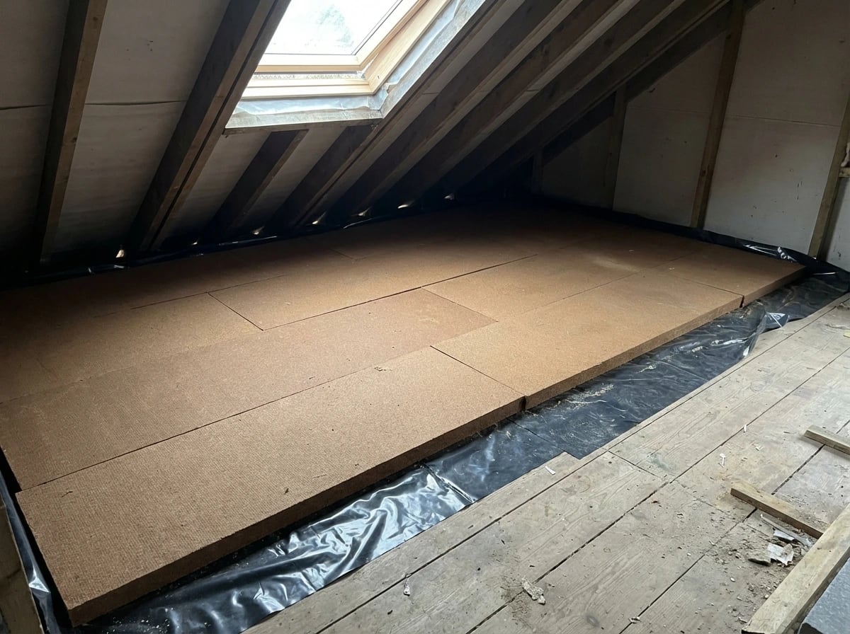 Holzfaser-Dämmung Dachboden-Ausbau: Verlegung unter Dachschräge mit Velux-Fenster bei Sanierung