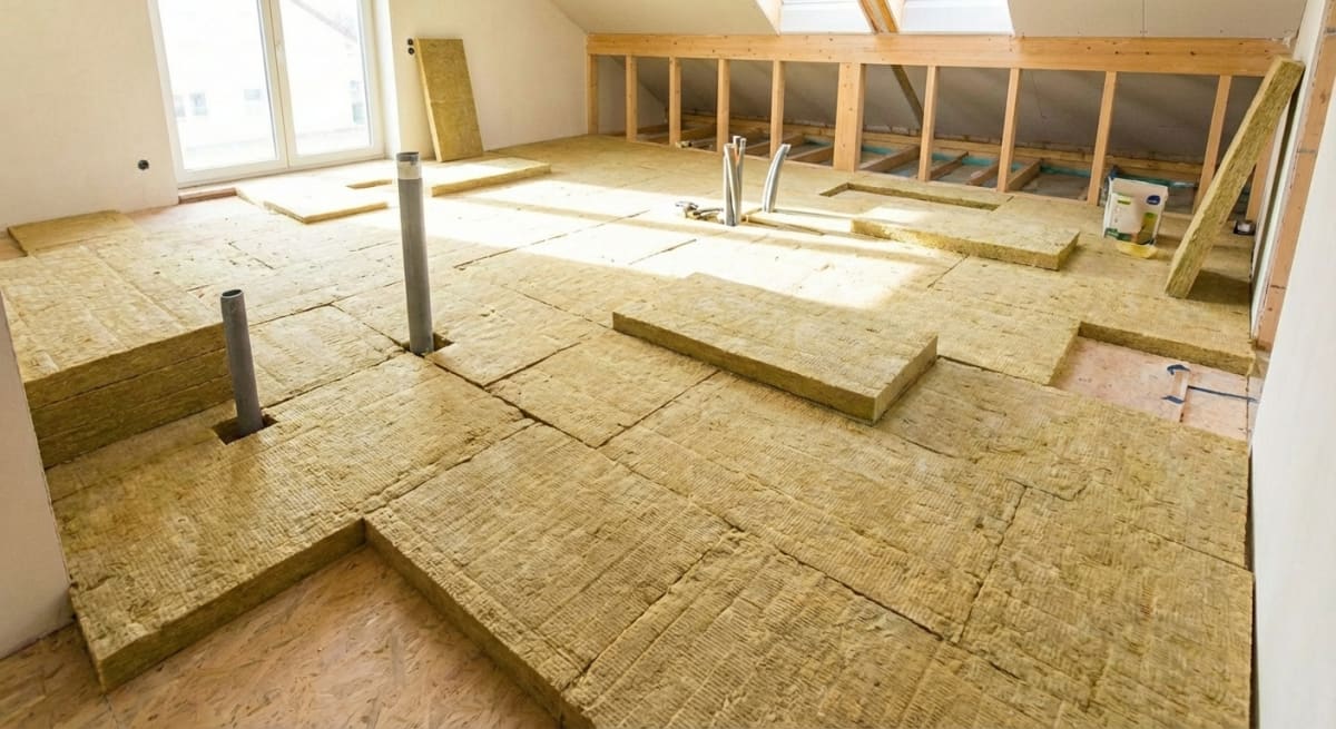 Mineralwolle-Dämmung - Dachgeschoss-Ausbau komplett Mineralwolle-Trittschalldämmung im Dachgeschoss: Großflächige Verlegung auf OSB mit Holzkonstruktion und Tageslicht