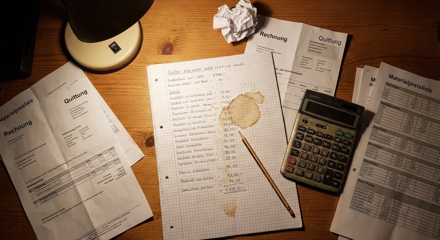 Estrich Kosten Kalkulation mit Rechnungen, Preislisten und Taschenrechner auf Schreibtisch