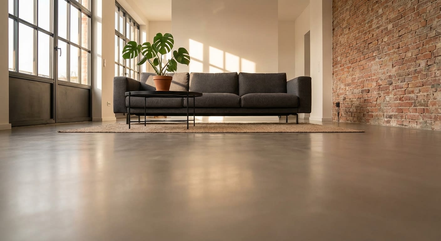 Sichtestrich im Loft-Wohnbereich mit Backsteinwand und modernem Sofa