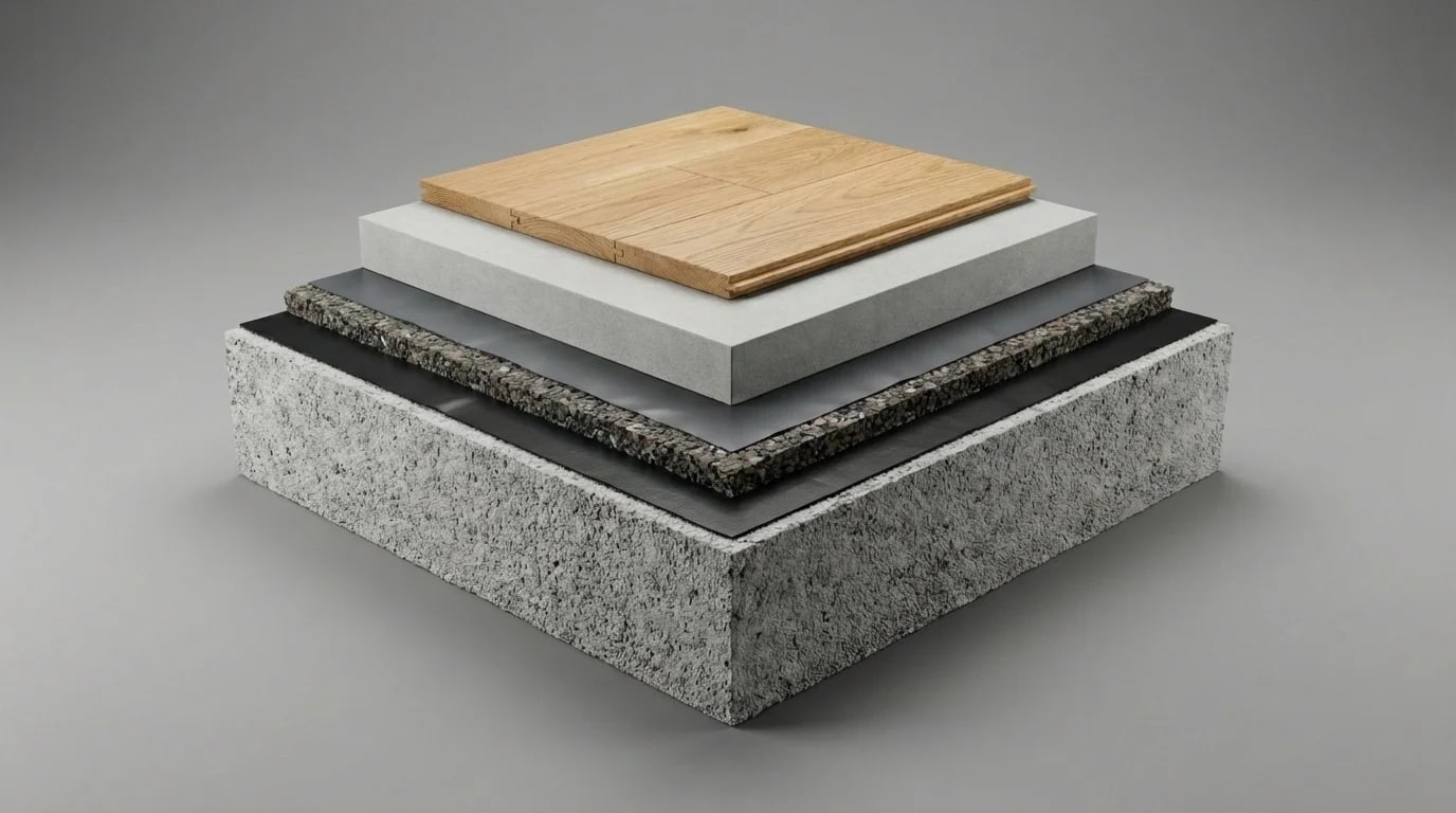 Gummigranulat Trittschall Fußbodenaufbau - Schwimmender Estrich mit Recycling-Dämmung Gummigranulat Schichtaufbau: 5-Schicht-Fußbodenaufbau mit Rohdecke, PE-Folie, Recycling-Gummimatte, Zementestrich und Parkettboden für maximalen Trittschallschutz