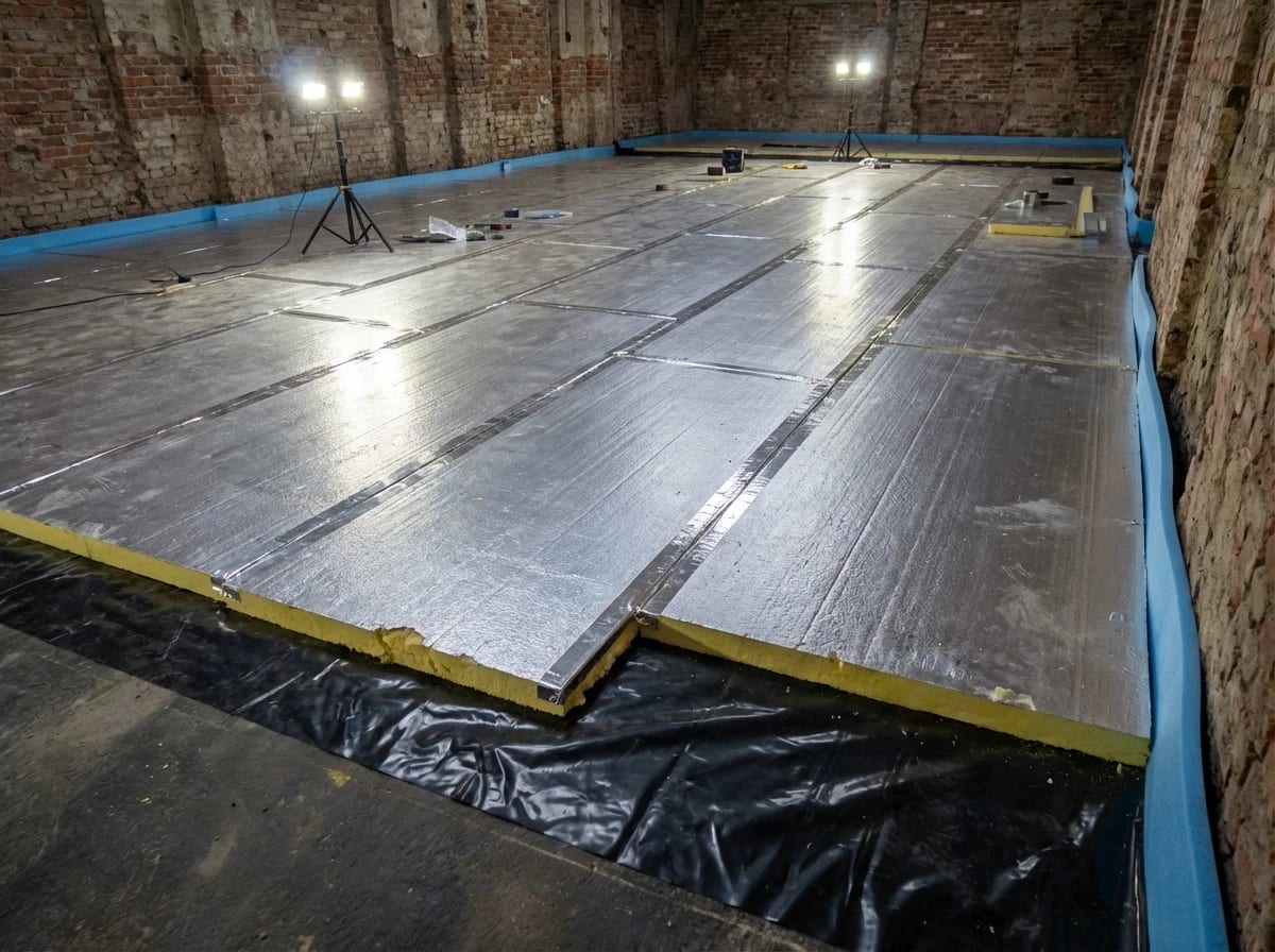 PUR/PIR Wärmedämmung Verlegung: Alukaschierte Polyurethan-Dämmplatten vollflächig verlegt bei Altbausanierung mit blauem Randdämmstreifen und PE-Folie