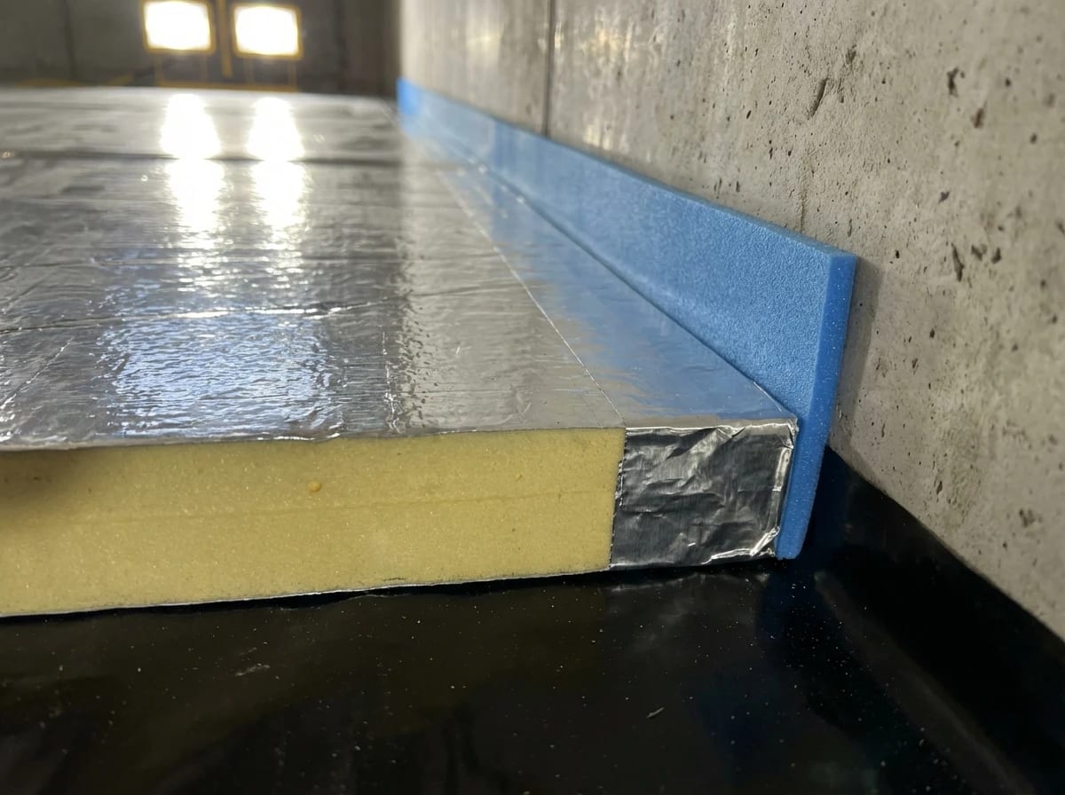 PUR/PIR Bodenaufbau Querschnitt: Gelber Polyurethan-Hartschaum mit Aluminium-Kaschierung, blauer Randdämmstreifen und PE-Dampfsperre