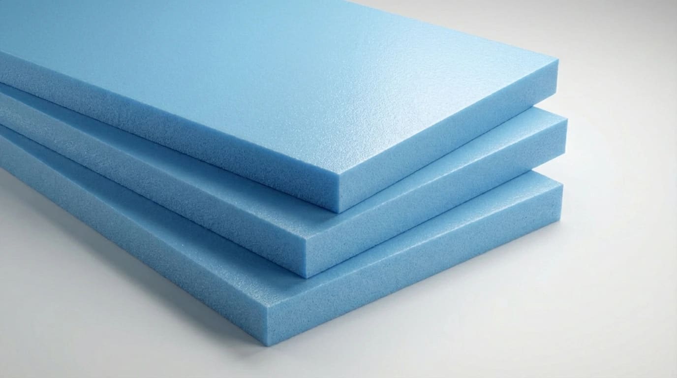 XPS-Dämmplatten Stapel: Drei blaue extrudierte Polystyrolplatten zeigen feinzellige geschlossene Schaumstruktur