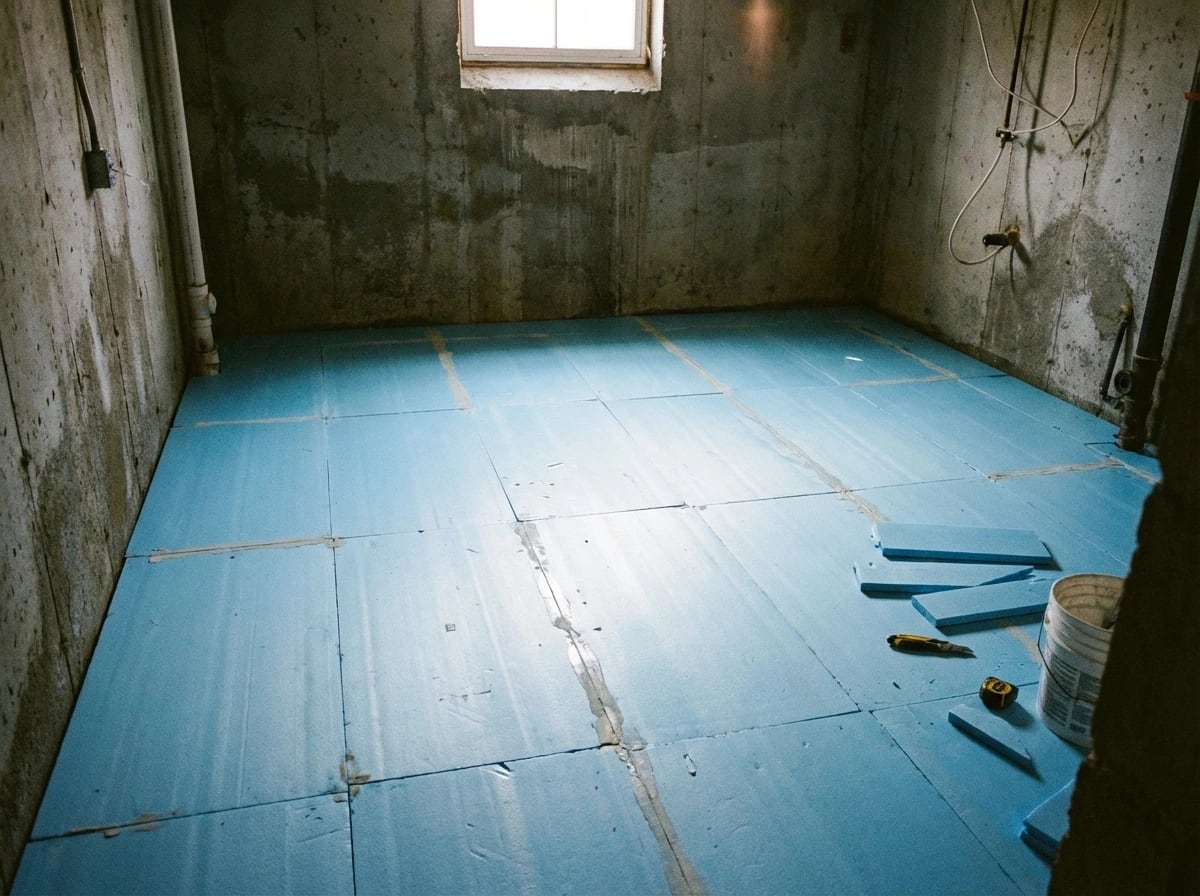 XPS-Wärmedämmung Verlegung im Keller: Blaue extrudierte Polystyrolplatten vollflächig auf Betonboden mit Werkzeug - feuchtigkeitsresistent