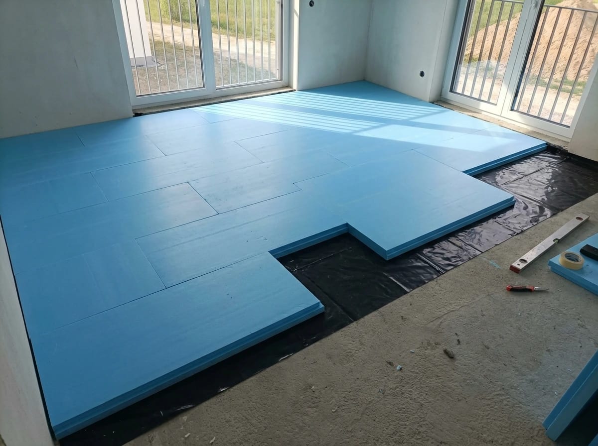 XPS-Wärmedämmung Neubau: Blaue Dämmplatten im versetzten Verband auf schwarzer PE-Folie mit Fensterfront und Balkontür