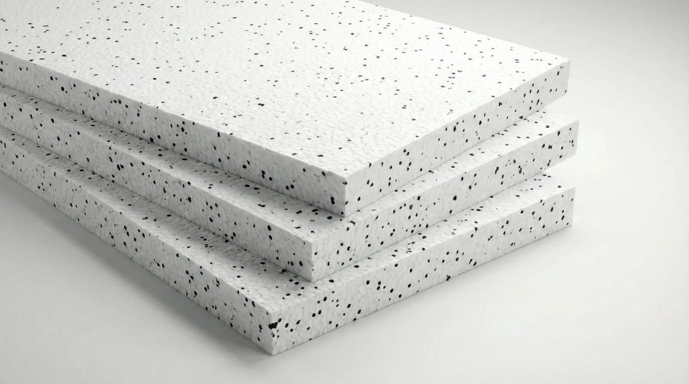 EPS-DEO Dämmplatten Stapel: Weiße Styroporplatten mit sichtbarer Perlenstruktur - expandiertes Polystyrol druckbelastbar