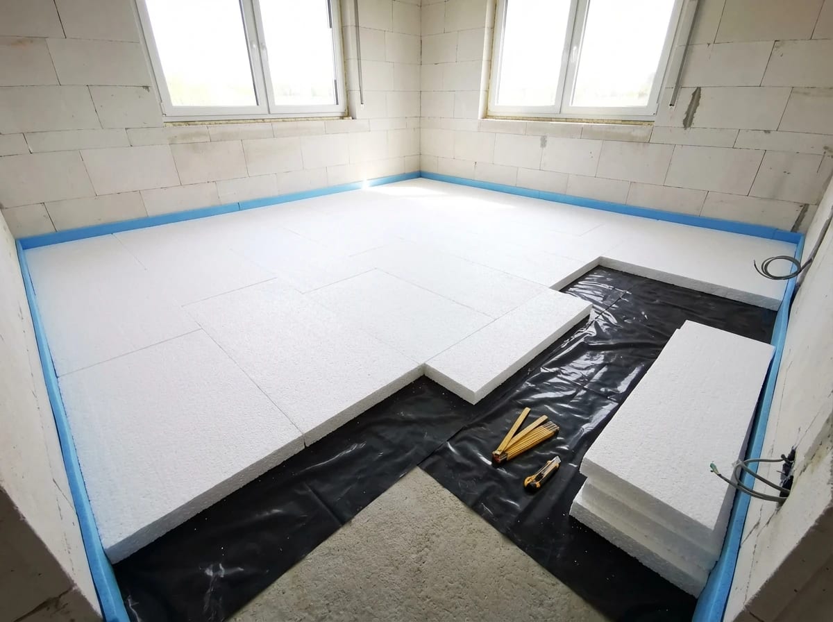 EPS-DEO Wärmedämmung Weitwinkel: Weiße Styroporplatten mit blauem Randdämmstreifen und Werkzeug im Neubau