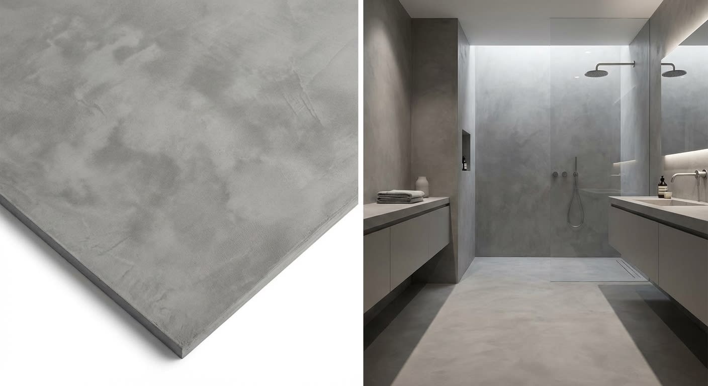 Mikrozement Oberflächenstruktur und modernes Bad mit begehbarer Dusche