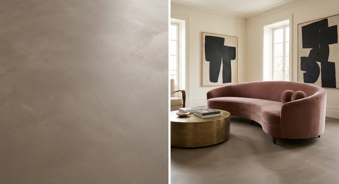 Mikrozement Taupe in elegantem Wohnzimmer mit Designermöbeln