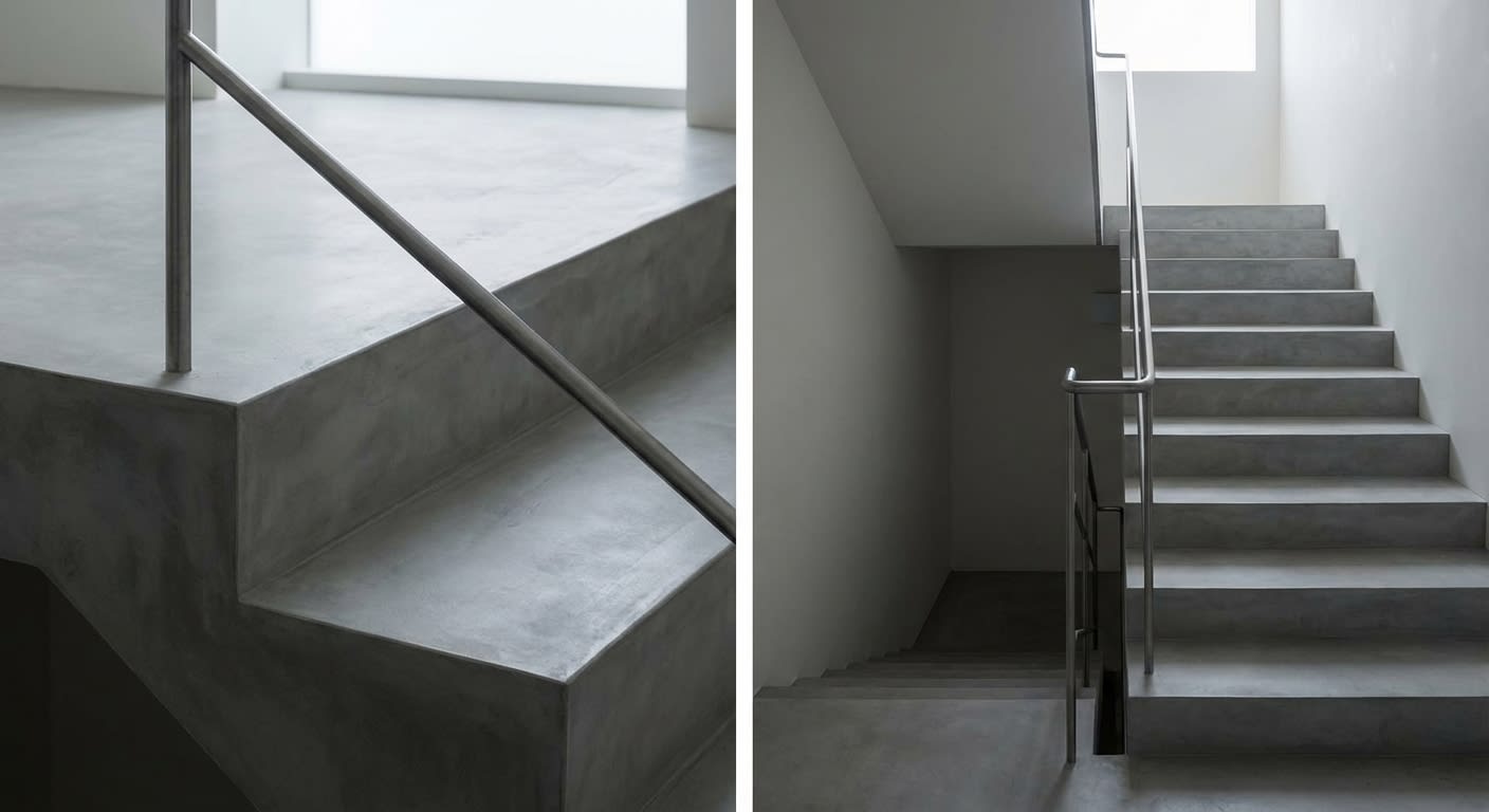 Mikrozement Treppe mit fugenlosen Stufen und Edelstahlgeländer