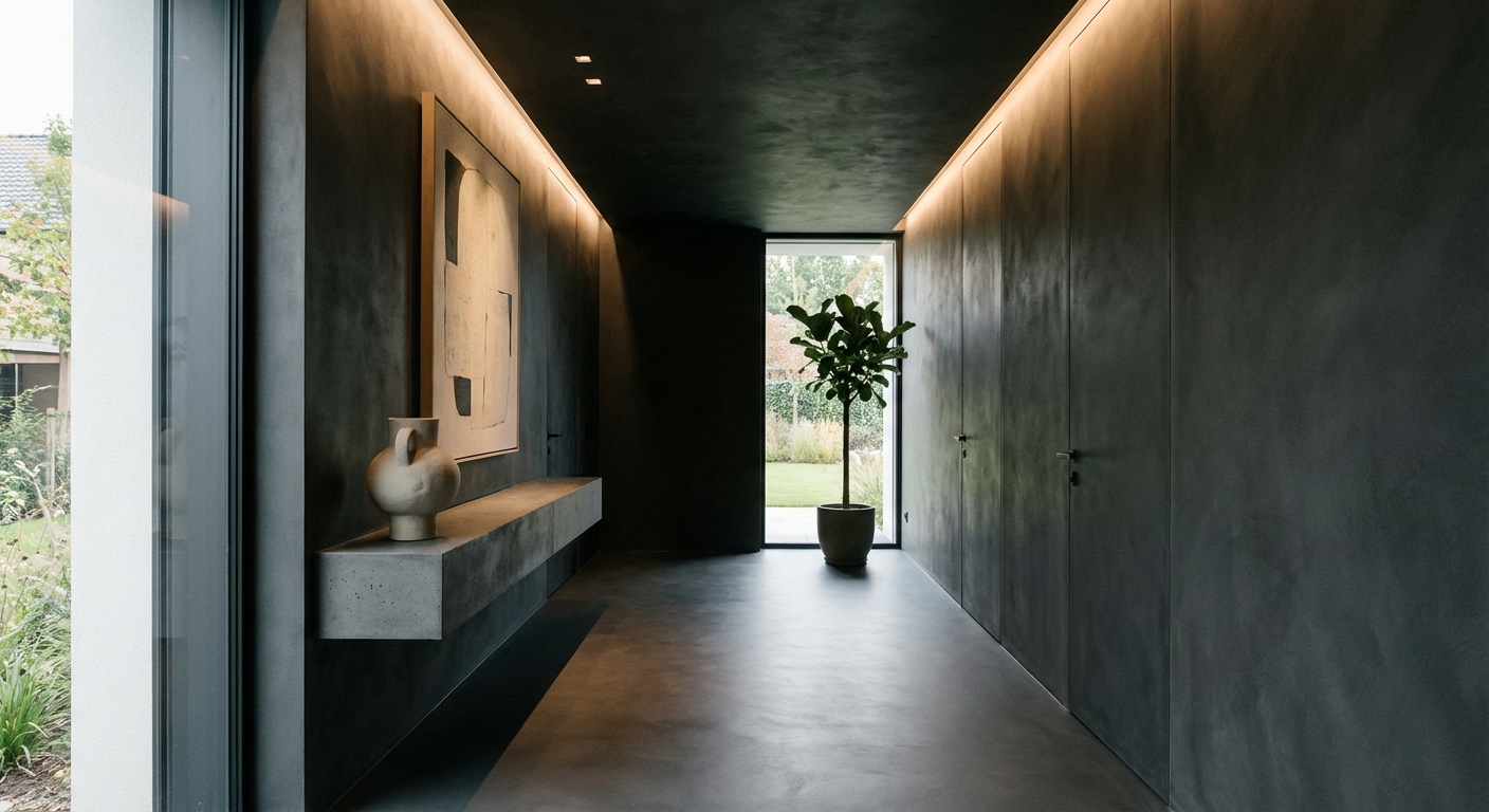 Mikrozement Anthrazit im modernen Flur mit indirekter Deckenbeleuchtung
