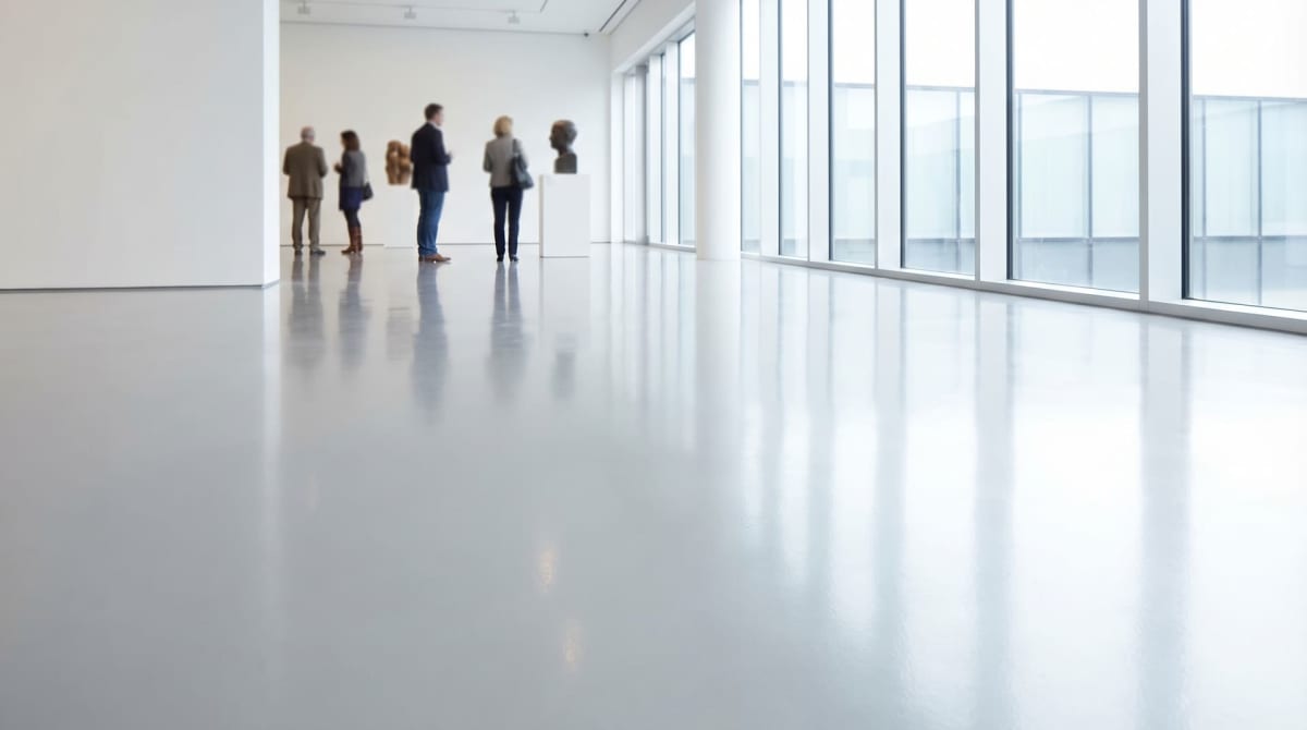 Polyurethan-Bodenbeschichtung in lichtdurchflutetem Showroom – UV-beständiger fugenloser Designboden