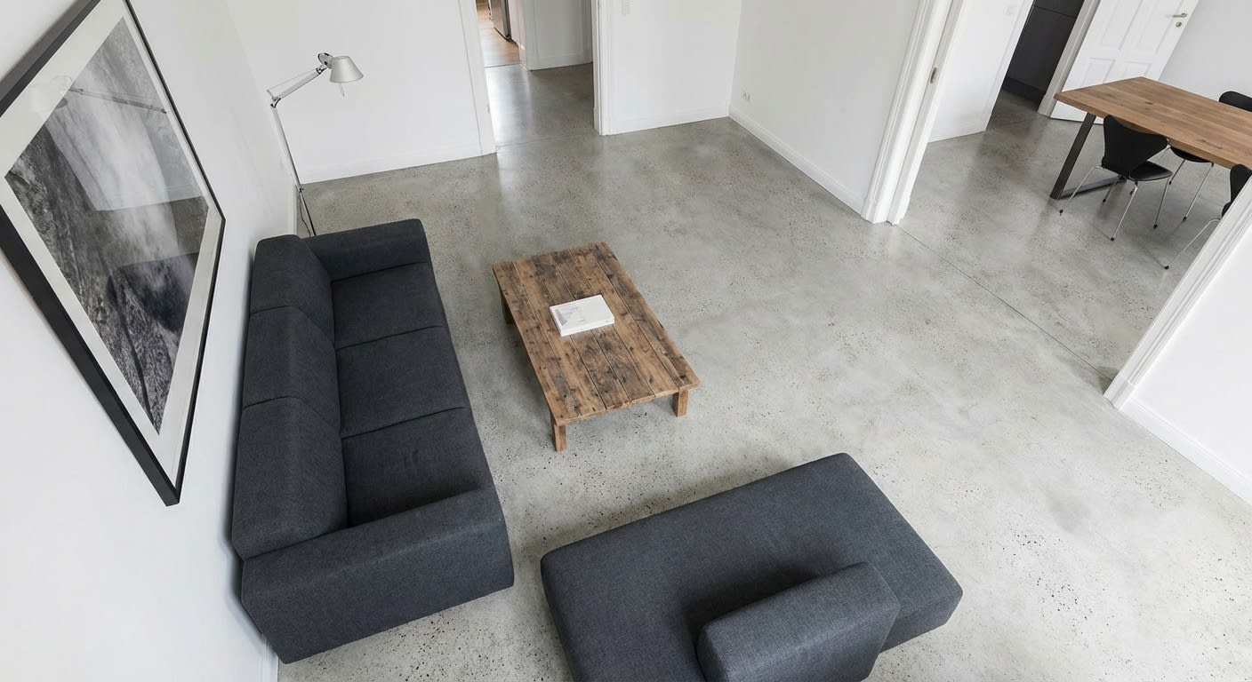 Terrazzo Sichtestrich Berlin Mitte Altbau - 110m² fugenloser Vollschliff in Zementgrau mit Glanzversiegelung
