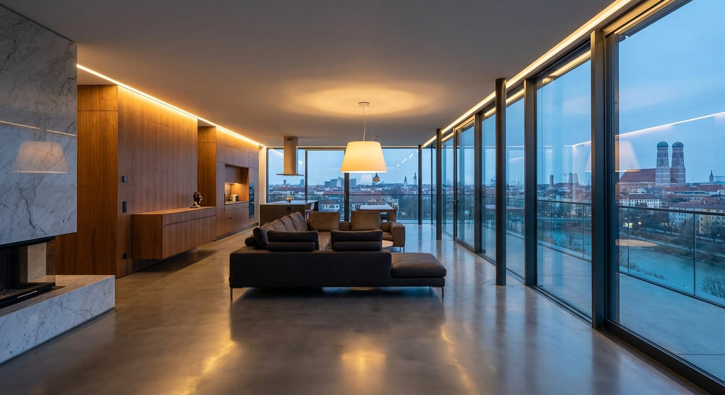 Sichtestrich Wolkig in Grau - München Penthouse mit fugenlosem Designboden von Estrich Kultur, Fußbodenheizung geeignet