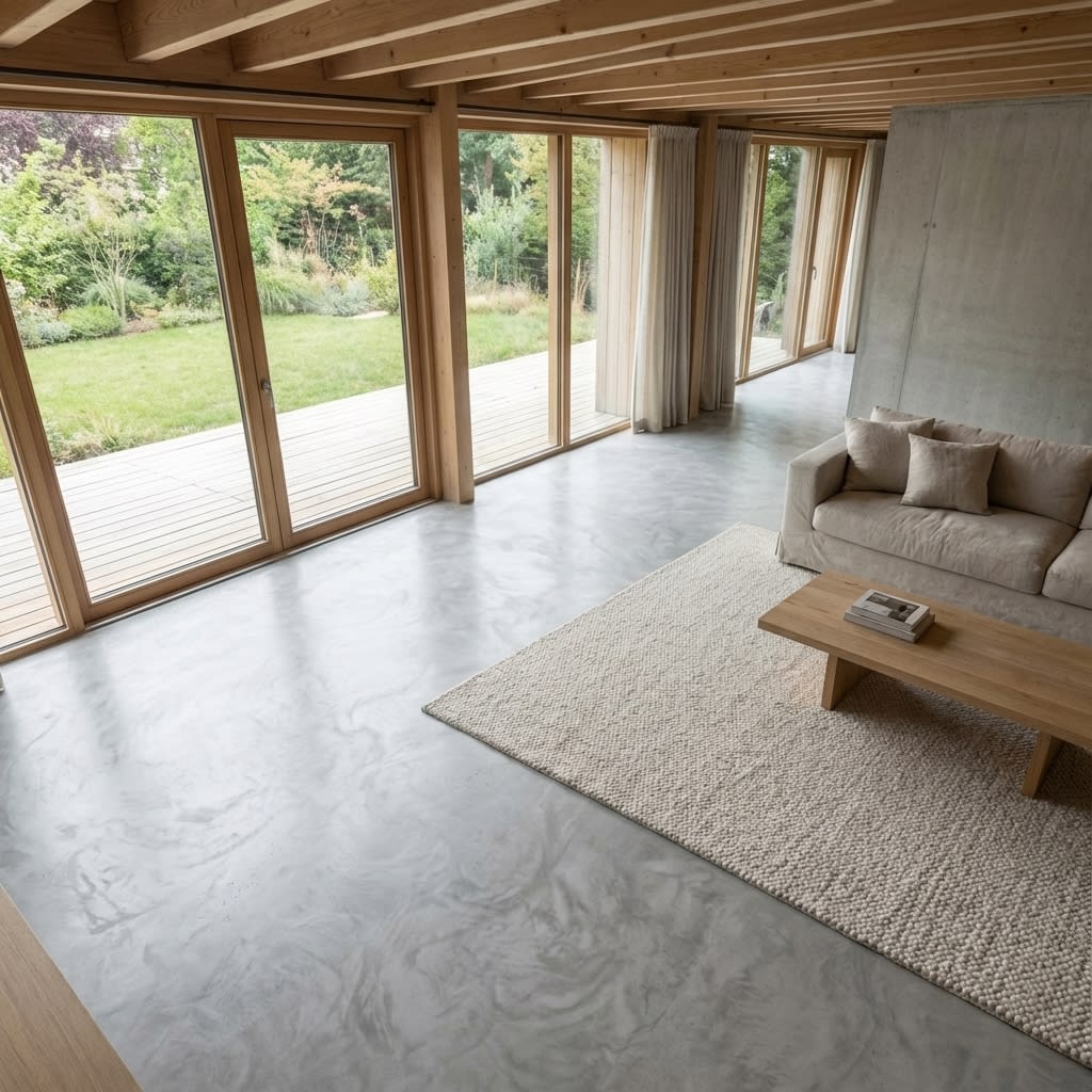 Sichtestrich geschliffen Frankfurt Einfamilienhaus - 180m² Salz und Pfeffer Optik im offenen Wohnbereich