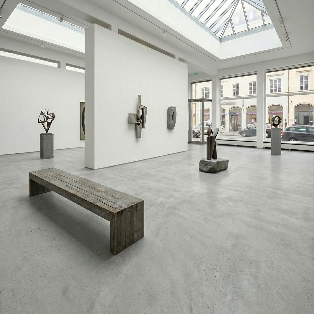 Fugenloser Sichtestrich in Kunsthalle mit wolkiger Hellgrau-Optik