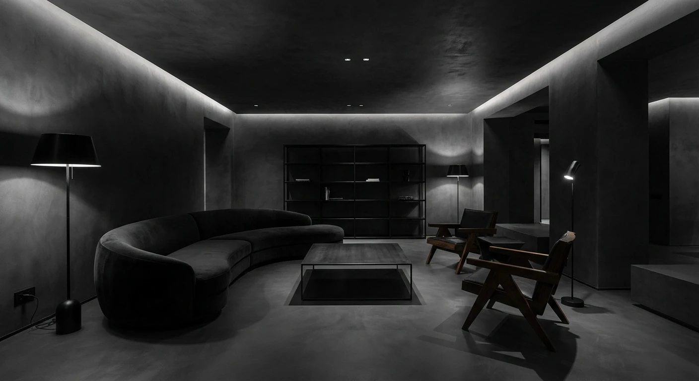 Luxuriöses Wohnzimmer mit anthrazitfarbenem Mikrozement-Designboden