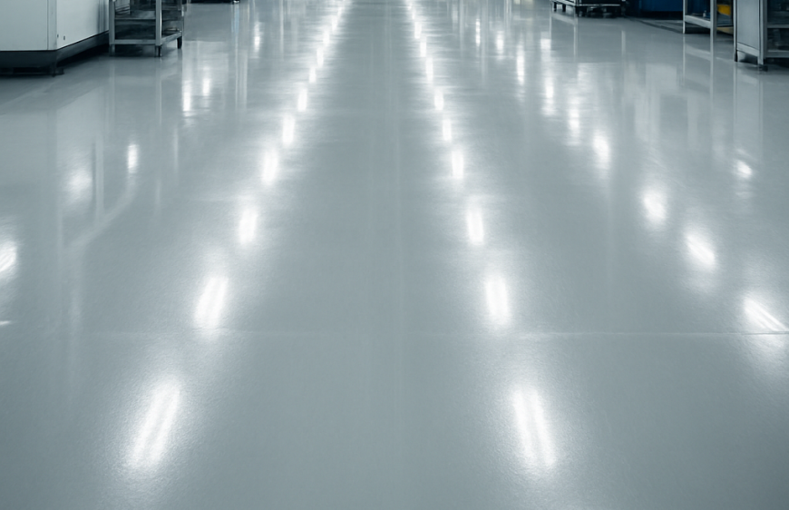 Glänzender Epoxidharz-Industrieboden in Lagerhalle