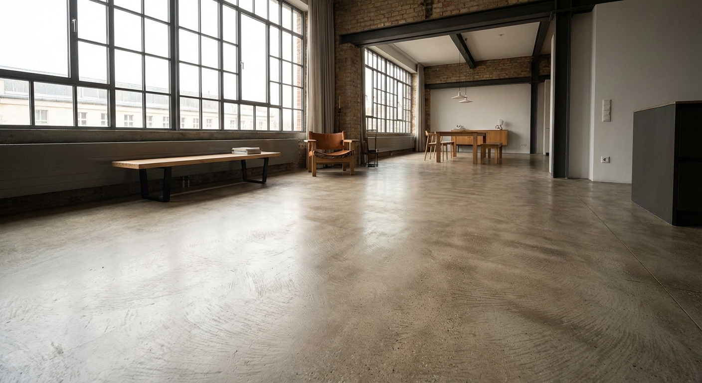Sichtestrich im Industrial Loft mit großen Fenstern