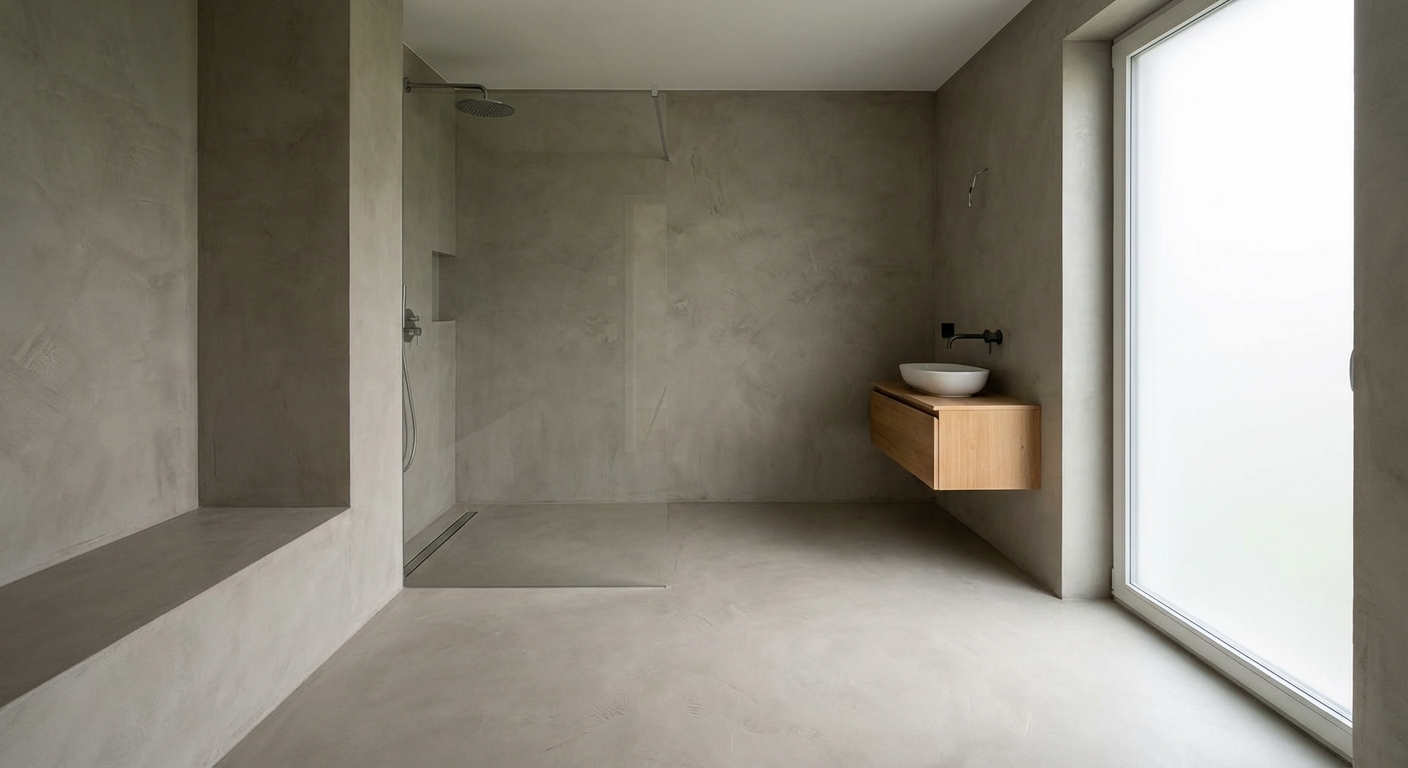 Fugenloses Badezimmer mit Sichtestrich Boden und Wänden