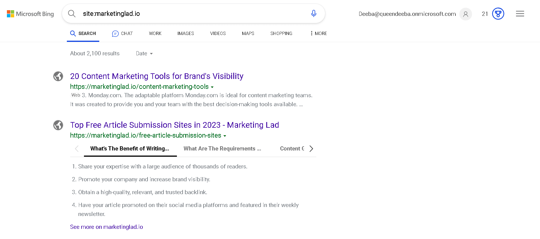 site indexed by bing