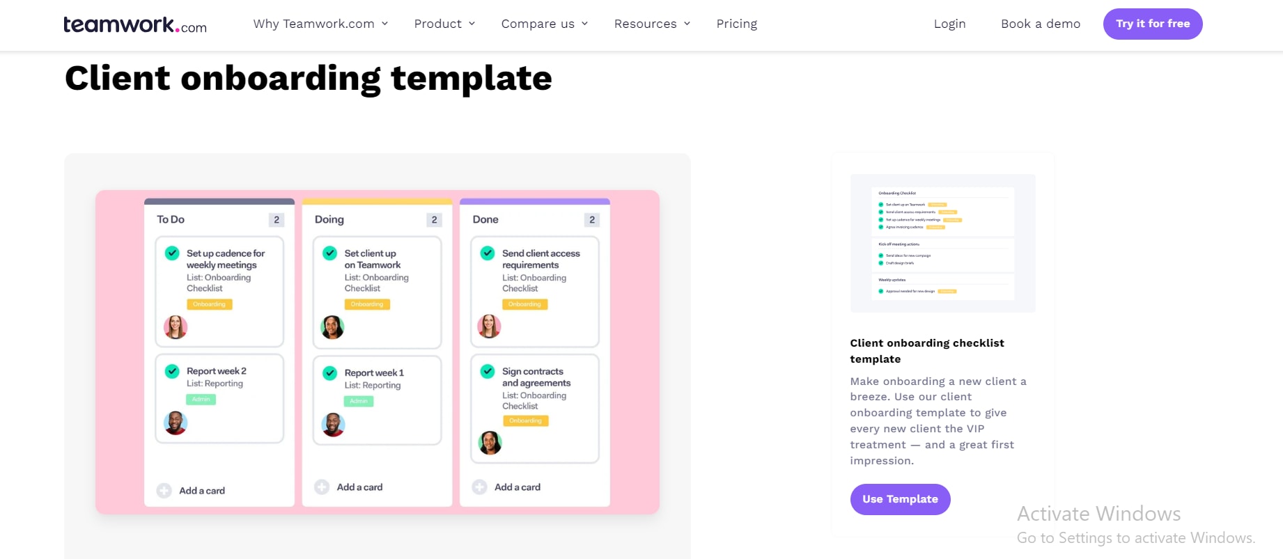 teamwork's client onboarding template