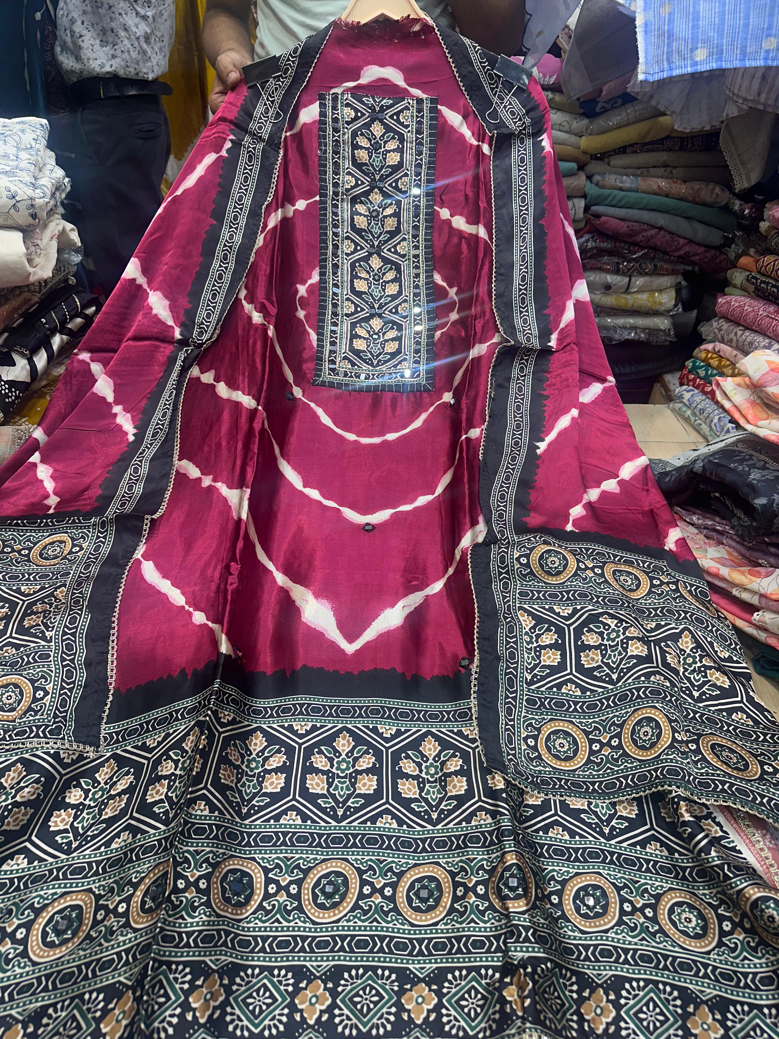Wine & Black Printed Gajji Silk Suit Set